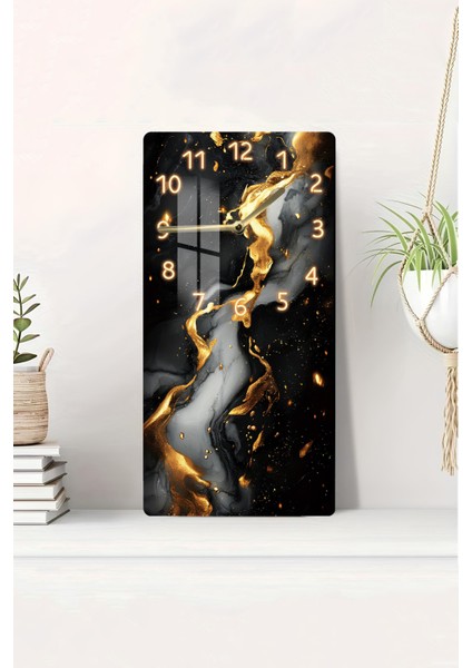 Temperli Cam Tablo Saat – 30X60 cm Modern Gold & Siyah Desen – CUSD020