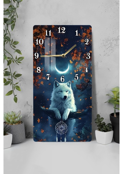 Kurt ve Ay Figürlü Temperli Cam Tablo Saat 30×60 cm Hd Uv Baskı– CUSD238