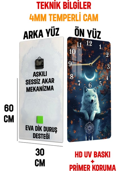 Kurt ve Ay Figürlü Temperli Cam Tablo Saat 30×60 cm Hd Uv Baskı– CUSD238