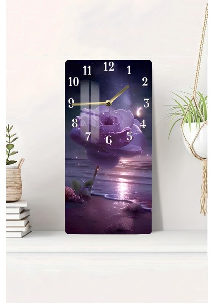 Mor Gül ve Ay Işığı Temalı Temperli Cam Tablo Saat 30×60 cm Hd Uv Baskı– CUSD232