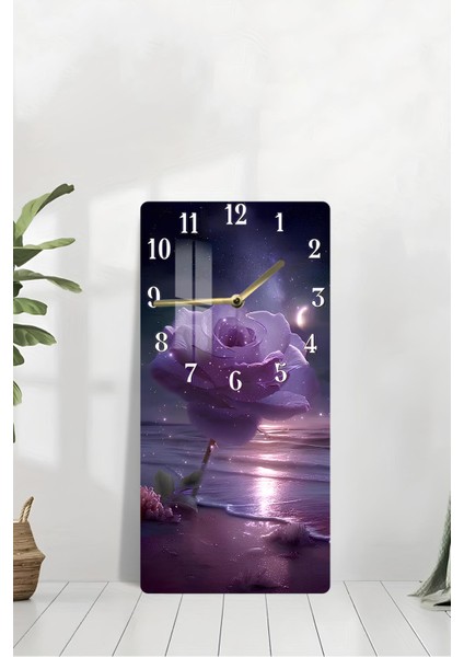 Mor Gül ve Ay Işığı Temalı Temperli Cam Tablo Saat 30×60 cm Hd Uv Baskı– CUSD232 modelleri