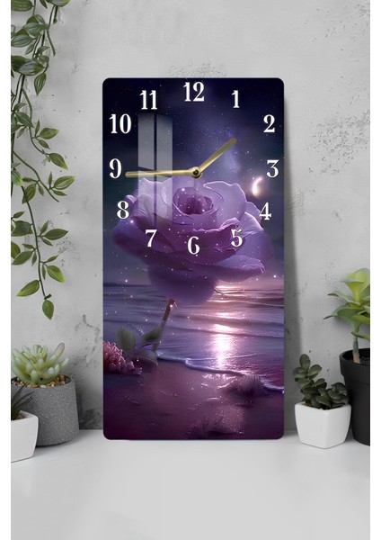 Mor Gül ve Ay Işığı Temalı Temperli Cam Tablo Saat 30×60 cm Hd Uv Baskı– CUSD232
