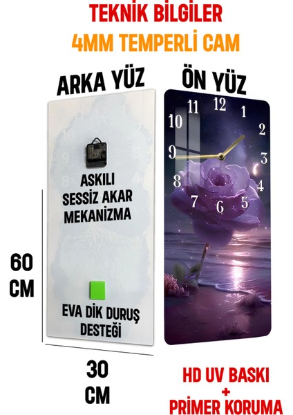 Mor Gül ve Ay Işığı Temalı Temperli Cam Tablo Saat 30×60 cm Hd Uv Baskı– CUSD232