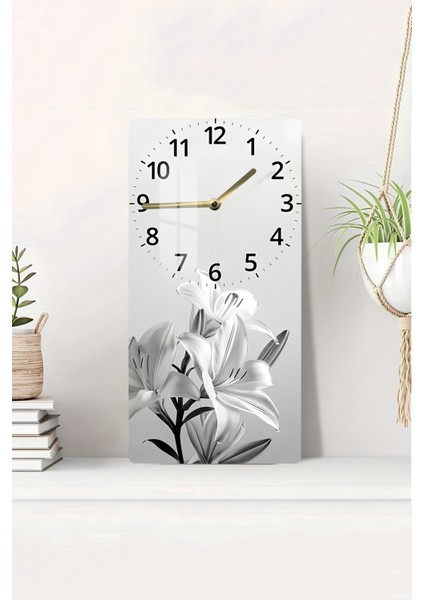 Siyah Beyaz Zambak Desenli Temperli Cam Tablo Saat 30X60 cm | Hd Uv Baskı– CUSD197