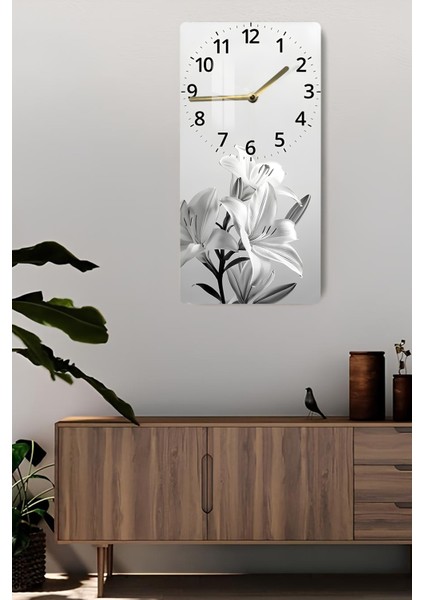 Siyah Beyaz Zambak Desenli Temperli Cam Tablo Saat 30X60 cm | Hd Uv Baskı– CUSD197 fiyatları