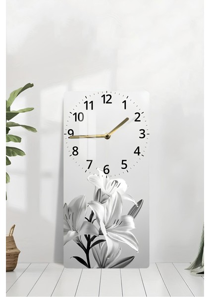 Siyah Beyaz Zambak Desenli Temperli Cam Tablo Saat 30X60 cm | Hd Uv Baskı– CUSD197 modelleri