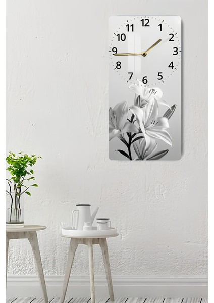Siyah Beyaz Zambak Desenli Temperli Cam Tablo Saat 30X60 cm | Hd Uv Baskı– CUSD197 indirimleri