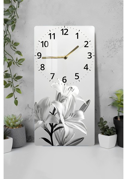 Siyah Beyaz Zambak Desenli Temperli Cam Tablo Saat 30X60 cm | Hd Uv Baskı– CUSD197