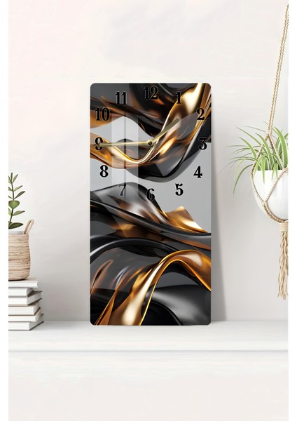 Siyah Gold Soyut Desenli Temperli Cam Tablo Saat – 30X60 Cm– Uv Baskı– CUSD140