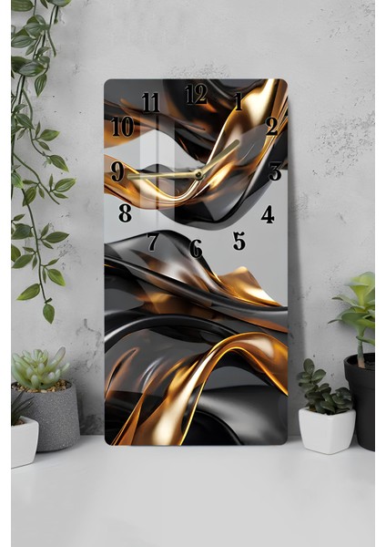 Siyah Gold Soyut Desenli Temperli Cam Tablo Saat – 30X60 Cm– Uv Baskı– CUSD140