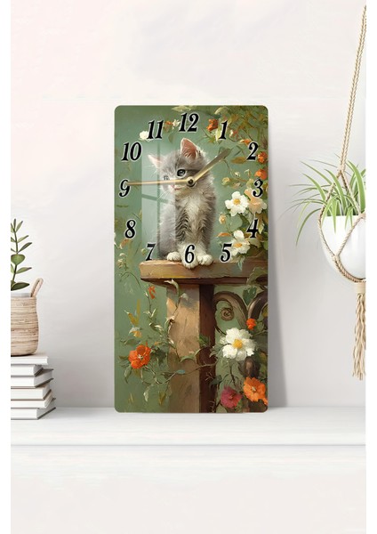 Çiçekler Arasında Gri Kedi Temalı Temperli Cam Duvar Saati – 30X60 cm Hd Uv Baskı– CUSD059