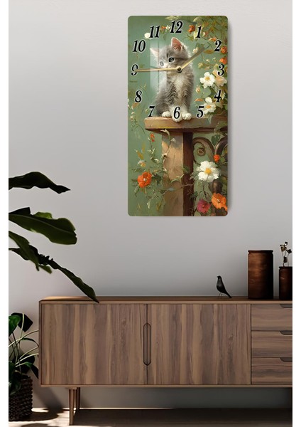 Çiçekler Arasında Gri Kedi Temalı Temperli Cam Duvar Saati – 30X60 cm Hd Uv Baskı– CUSD059 fiyatları