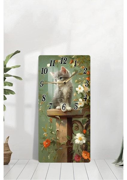 Çiçekler Arasında Gri Kedi Temalı Temperli Cam Duvar Saati – 30X60 cm Hd Uv Baskı– CUSD059 modelleri