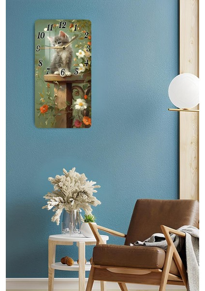 Çiçekler Arasında Gri Kedi Temalı Temperli Cam Duvar Saati – 30X60 cm Hd Uv Baskı– CUSD059 fırsatları