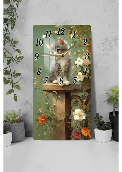 Çiçekler Arasında Gri Kedi Temalı Temperli Cam Duvar Saati – 30X60 cm Hd Uv Baskı– CUSD059