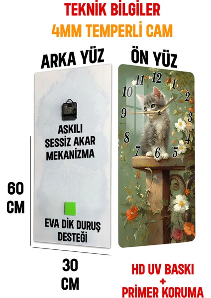 Çiçekler Arasında Gri Kedi Temalı Temperli Cam Duvar Saati – 30X60 cm Hd Uv Baskı– CUSD059