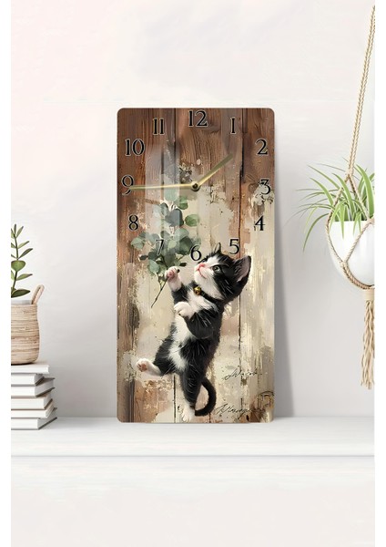 Sevimli Siyah Beyaz Kedi Temalı Temperli Cam Duvar Saati – 30X60 cm Hd Uv Baskı– CUSD058