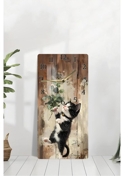 Sevimli Siyah Beyaz Kedi Temalı Temperli Cam Duvar Saati – 30X60 cm Hd Uv Baskı– CUSD058 modelleri
