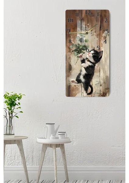 Sevimli Siyah Beyaz Kedi Temalı Temperli Cam Duvar Saati – 30X60 cm Hd Uv Baskı– CUSD058 indirimleri