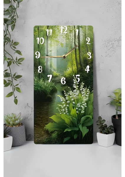Doğa Manzaralı Yeşil Orman Temalı Temperli Cam Tablo Saat 30X60 cm | Hd Uv Baskı– CUSD187