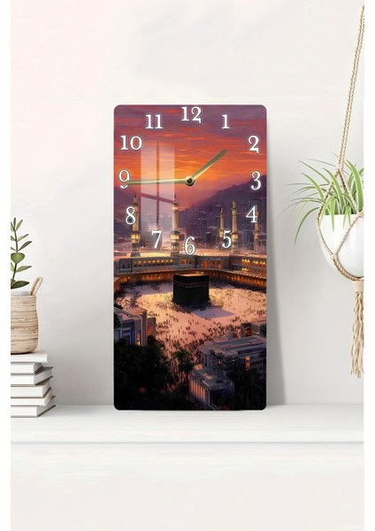 Kâbe Manzaralı Temperli Cam Tablo Saat – 30X60 cm | Hd Uv Baskı ile Işığın Kudreti– CUSD167