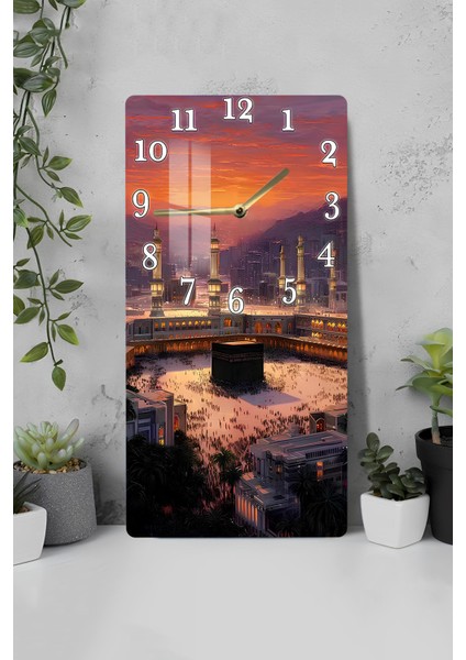 Kâbe Manzaralı Temperli Cam Tablo Saat – 30X60 cm | Hd Uv Baskı ile Işığın Kudreti– CUSD167