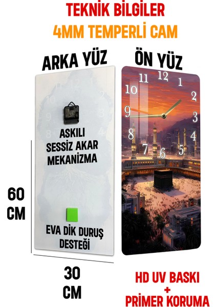 Kâbe Manzaralı Temperli Cam Tablo Saat – 30X60 cm | Hd Uv Baskı ile Işığın Kudreti– CUSD167