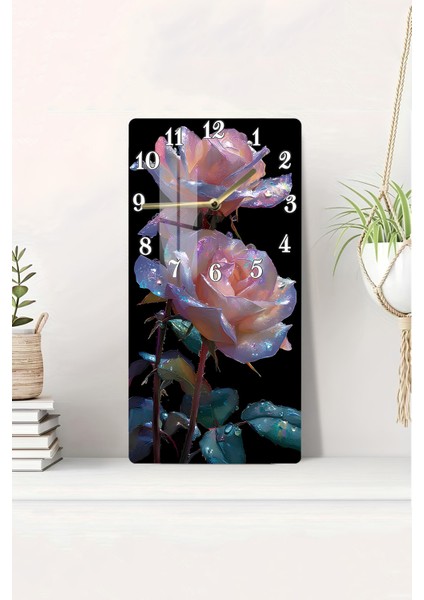 Işıltılı Gül Temalı Temperli Cam Tablo Saat – 30X60 cm | Hd Uv Baskı– CUSD157