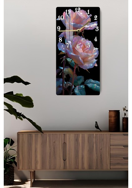 Işıltılı Gül Temalı Temperli Cam Tablo Saat – 30X60 cm | Hd Uv Baskı– CUSD157 fiyatları