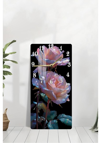 Işıltılı Gül Temalı Temperli Cam Tablo Saat – 30X60 cm | Hd Uv Baskı– CUSD157 modelleri