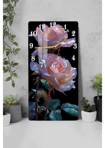 Işıltılı Gül Temalı Temperli Cam Tablo Saat – 30X60 cm | Hd Uv Baskı– CUSD157
