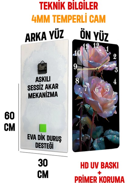 Işıltılı Gül Temalı Temperli Cam Tablo Saat – 30X60 cm | Hd Uv Baskı– CUSD157