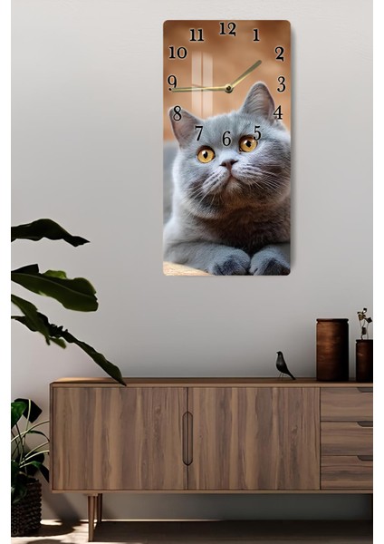 Temperli Cam Tablo Saat – Sevimli Gri Kedi Tasarımı (30×60 Cm)– Uv Baskı– CUSD133 fiyatları