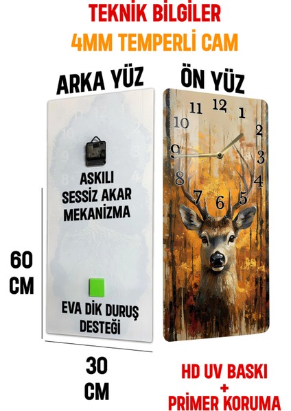 Temperli Cam Tablo Saat – Geyik ve Orman Manzaralı 30X60CM Uv Baskı– CUSD007