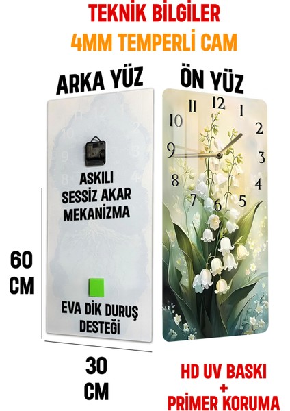 Zambak Çiçekleri Desenli Temperli Cam Tablo Saat – 30×60 cm Hd Uv Baskı– CUSD212