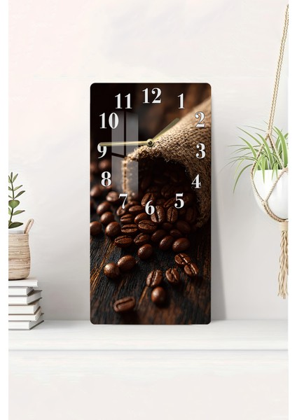 Temperli Cam Tablo Saat – Kahve Çekirdekleri Temalı Rustik Tasarım (30×60 Cm)– Uv Baskı– CUSD132