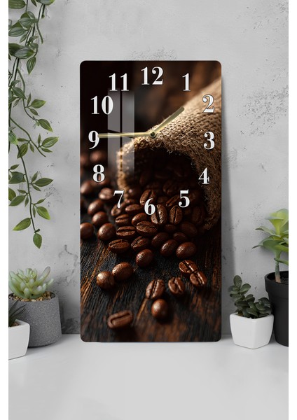 Temperli Cam Tablo Saat – Kahve Çekirdekleri Temalı Rustik Tasarım (30×60 Cm)– Uv Baskı– CUSD132