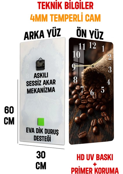 Temperli Cam Tablo Saat – Kahve Çekirdekleri Temalı Rustik Tasarım (30×60 Cm)– Uv Baskı– CUSD132