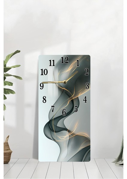 Temperli Cam Tablo Saat – Soyut Duman ve Altın Işık Desenli Tasarım (30X60 Cm)– Uv Baskı– CUSD117 modelleri