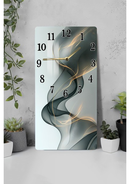 Temperli Cam Tablo Saat – Soyut Duman ve Altın Işık Desenli Tasarım (30X60 Cm)– Uv Baskı– CUSD117