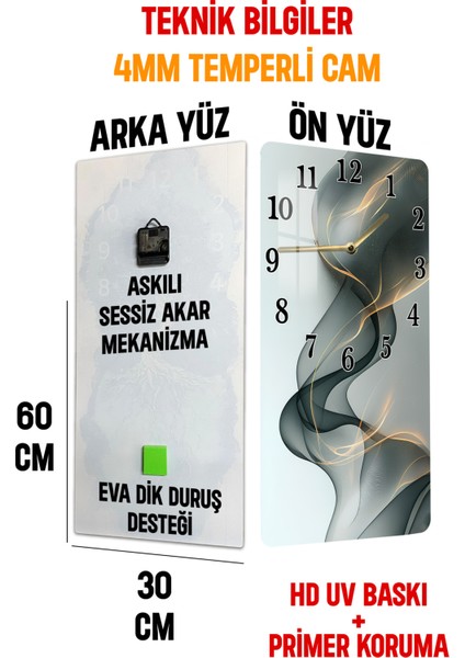 Temperli Cam Tablo Saat – Soyut Duman ve Altın Işık Desenli Tasarım (30X60 Cm)– Uv Baskı– CUSD117
