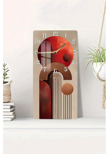 Temperli Cam Tablo Saat – Kırmızı & Toprak Tonlarında Geometrik Tasarım (33×33 Cm) Uv Baskı– CUSD095