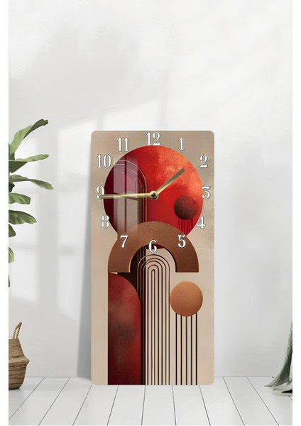 Temperli Cam Tablo Saat – Kırmızı & Toprak Tonlarında Geometrik Tasarım (33×33 Cm) Uv Baskı– CUSD095 modelleri