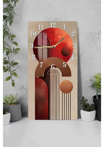 Temperli Cam Tablo Saat – Kırmızı & Toprak Tonlarında Geometrik Tasarım (33×33 Cm) Uv Baskı– CUSD095