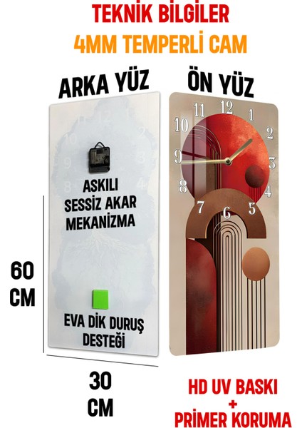 Temperli Cam Tablo Saat – Kırmızı & Toprak Tonlarında Geometrik Tasarım (33×33 Cm) Uv Baskı– CUSD095