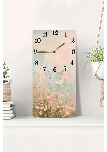 Uv Baskı Mdf Tablo Saat – 30X60 cm – Kuşlar ve Çiçekler Desenli– USD228