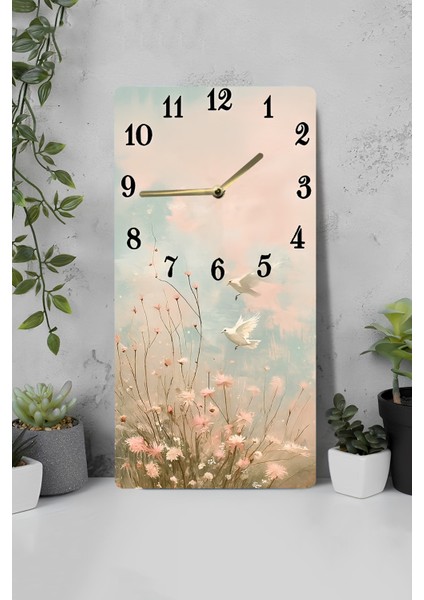 Uv Baskı Mdf Tablo Saat – 30X60 cm – Kuşlar ve Çiçekler Desenli– USD228