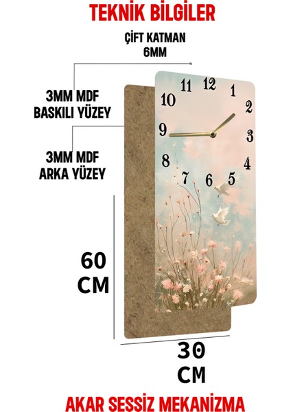 Uv Baskı Mdf Tablo Saat – 30X60 cm – Kuşlar ve Çiçekler Desenli– USD228