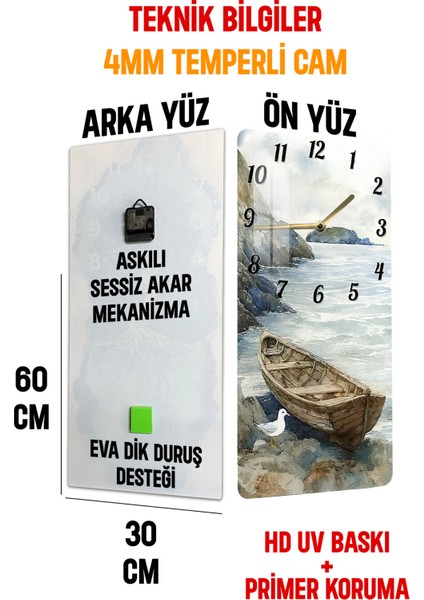 Deniz Manzaralı Temperli Cam Tablo Saat – 30X60 cm Uv Baskı – CUSD036