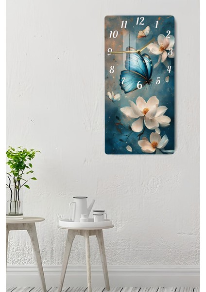 Mavi Kelebek ve Çiçek Temalı Temperli Cam Tablo Saat – 30×60 Cm– CUSD145 indirimleri